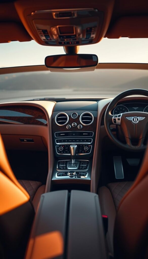 Prompt A luxurious interior of a 2017 Bentley Continental GT Speed, bathed in warm, soft lighting. The dashboard is a seamless blend of premium leather, polished wood, and chrome accents. Plush, quilted leather seats invite the driver and passengers to sink into pure comfort. The center console features intricate knurled knobs and a large, high-resolution display. The steering wheel is wrapped in supple leather, its heft conveying a sense of power and precision. The cabin exudes an atmosphere of sophisticated elegance, reflecting the exceptional craftsmanship and attention to detail that defines the Bentley brand. IsCarOk.