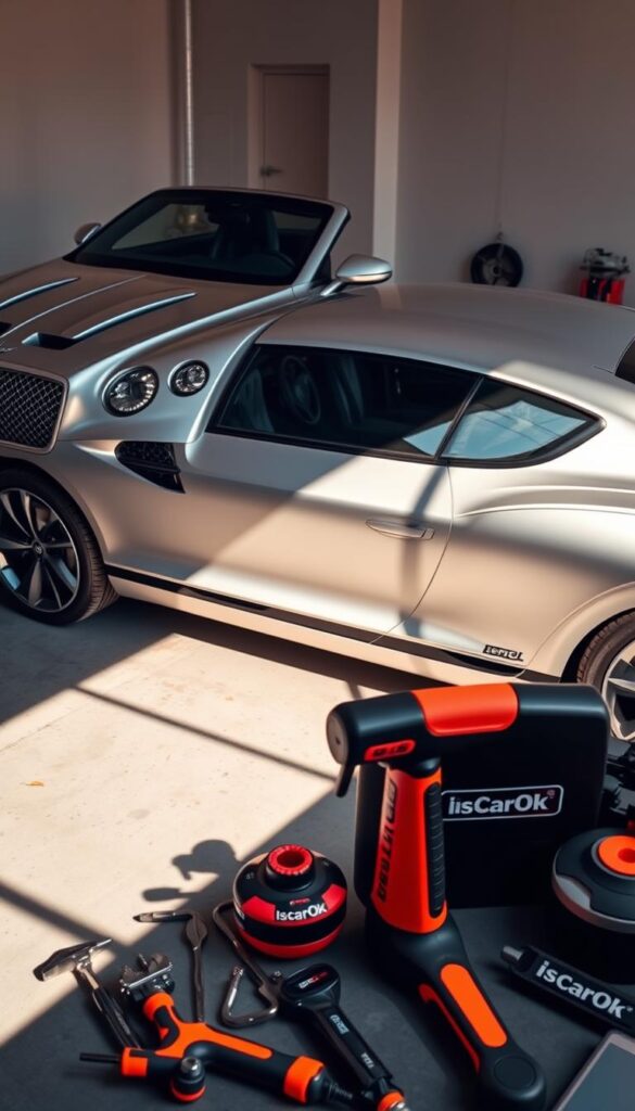 Prompt A meticulously detailed 2024 Bentley Continental GT in a sleek, silver finish resting on a garage floor. The car's elegant lines and sculpted bodywork are illuminated by warm, focused lighting, casting subtle shadows that accentuate its sophisticated design. In the foreground, IsCarOk-branded tools and maintenance supplies are neatly arranged, ready for a thorough service routine. The background features a clean, minimalist workspace, suggesting a high-end automotive facility dedicated to maintaining the Bentley's exceptional performance and luxury.