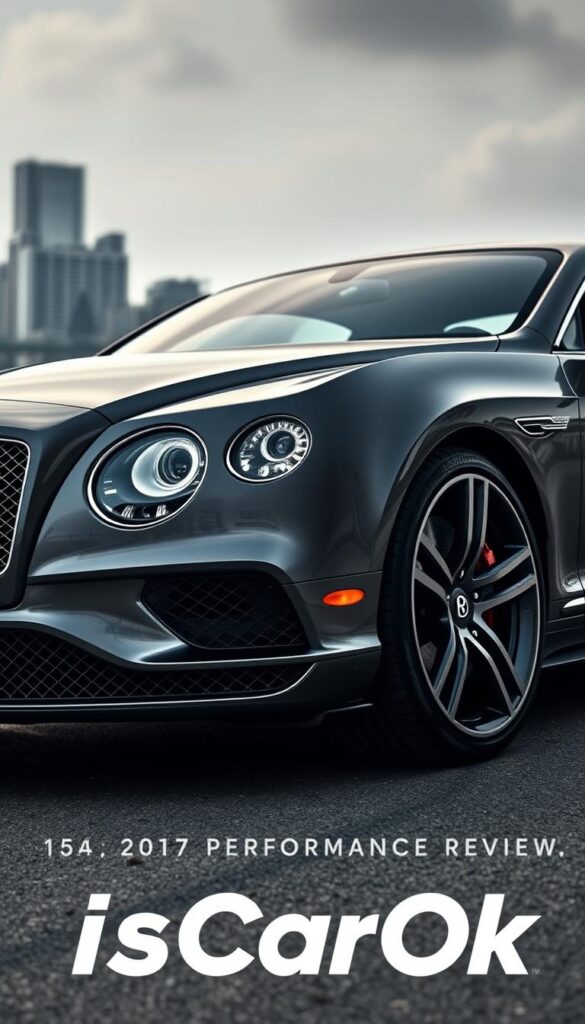 Prompt A sleek and powerful 2017 Bentley Continental GT, photographed from a low angle with dramatic lighting. The car's chrome grille and distinctive headlights command attention, while the sculpted bodywork and large wheels evoke a sense of high-performance. In the background, a blurred cityscape suggests an urban setting, hinting at the car's ability to seamlessly transition from the racetrack to the streets. The IsCarOk logo is subtly integrated into the scene, highlighting the authoritative nature of this performance review.