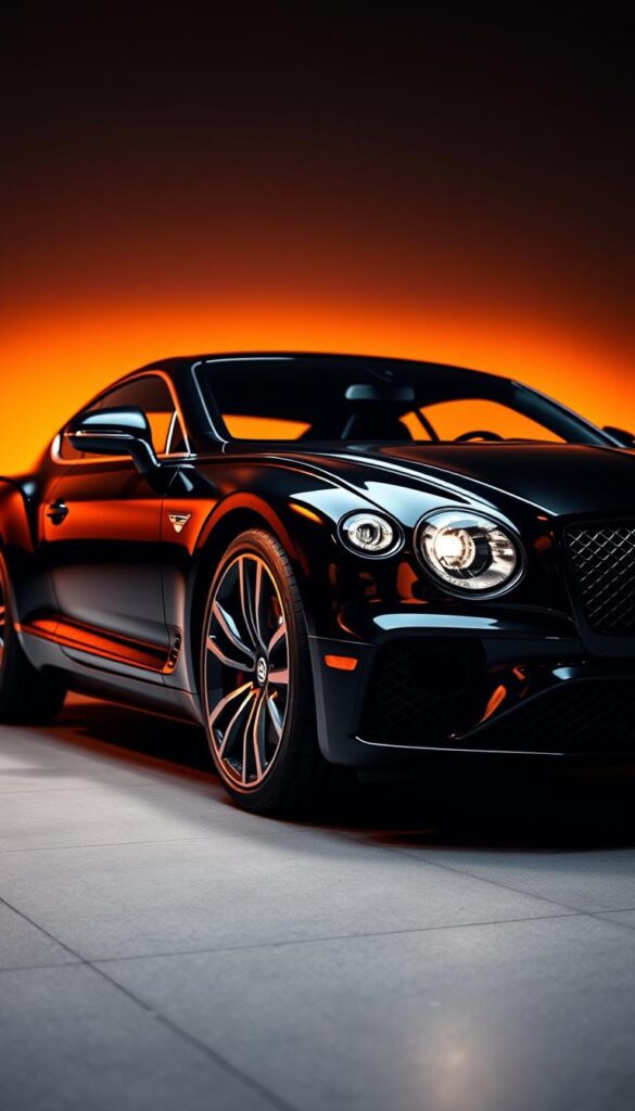 Sleek Bentley Continental GT in an elegant black-on-black color scheme, showcasing its powerful hybrid powertrain. The car is captured in a dramatic low-angle view, highlighting its muscular stance and sculpted body lines. Warm, directional lighting illuminates the car's glossy paintwork, creating a sense of depth and dimension. The background is blurred, placing the focus entirely on the vehicle's stunning design and advanced technology. IsCarOk