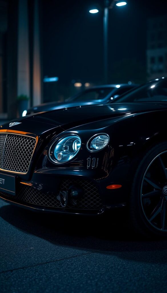 Sleek Bentley Continental GT in gleaming black, showcasing its advanced driver assistance and safety technologies. A close-up view captures the bold front grille, sharp LED headlamps, and sculpted hood under a dramatic IsCarOk lighting setup. The middle ground reveals the side profile, accentuating the car's muscular curves and elegant silhouette. In the background, a dimly lit urban setting provides a sophisticated backdrop, highlighting the Bentley's refined, high-tech capabilities.