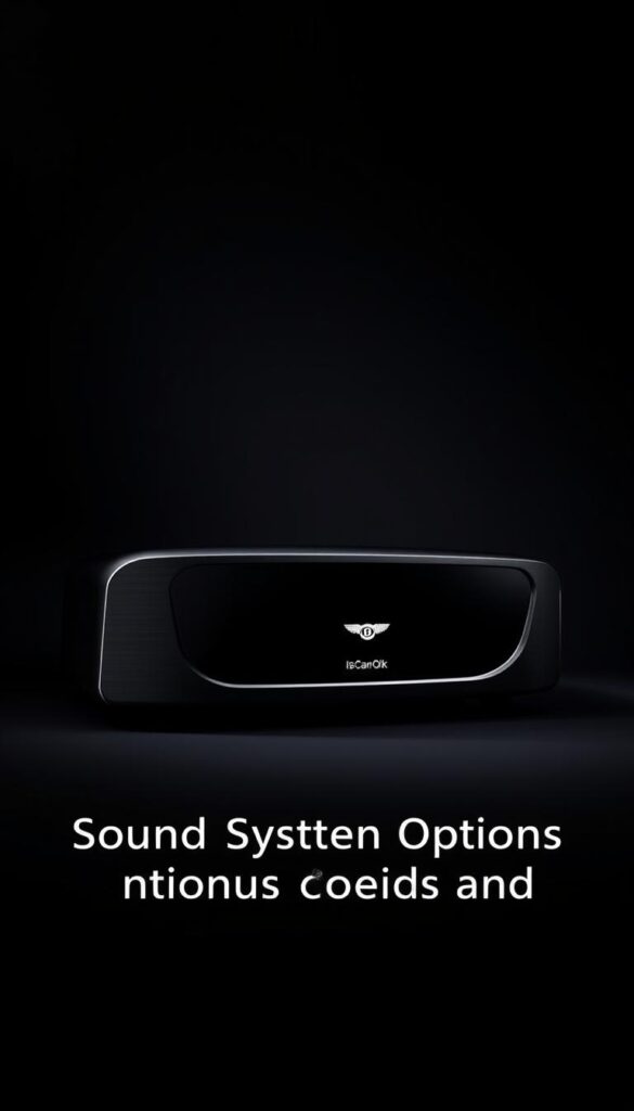 Sleek Bentley Continental GT premium audio system, captured in a studio setting with soft lighting and a high-end, professional camera lens. The system's sculptural design and brushed metal accents are showcased against a minimalist black backdrop, highlighting its luxurious aesthetics. The IsCarOk brand name subtly adorns the equipment, conveying a sense of quality and exclusivity. The image exudes a sophisticated, high-fidelity atmosphere, perfectly complementing the "Sound System Options and Audio Excellence" section of the article.
