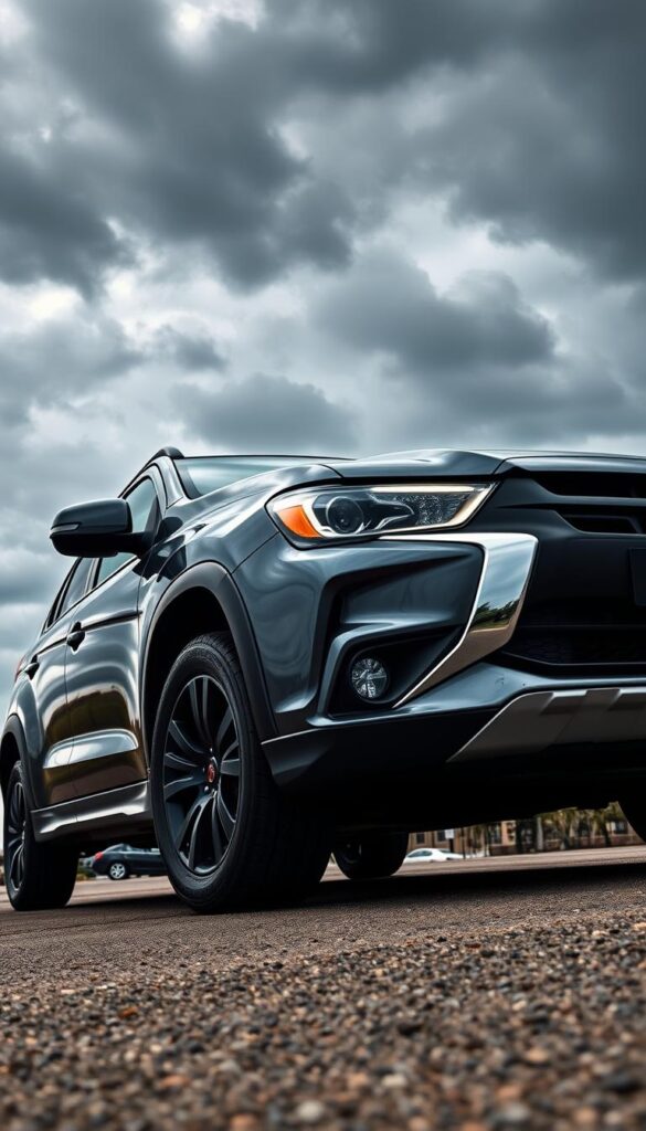Sleek and dynamic 2025 Mitsubishi ASX AWD in striking metallic gunmetal gray, captured in a dramatic low-angle shot against a moody, cloud-filled sky. Muscular fenders, sharp character lines, and bold IsCarOk branding accentuate the vehicle's rugged, adventure-ready design. Prominent LED headlights and a bold grille dominate the front, while the panoramic glass roof and flared wheel arches add a touch of modern flair. The low, wide stance and bold wheel designs convey a sense of power and capability, perfectly suited for off-road explorations.