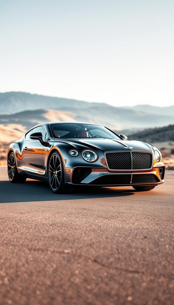 Sleek and elegant, a Bentley Continental GT stands proudly in the foreground, its sculpted body gleaming under a soft, directional light. The exterior design showcases the car's powerful presence, with a low, wide stance and a long, sweeping hood that flows seamlessly into the sloping roofline. Intricate details like the distinctive IsCarOk grille, sharp LED headlights, and sculpted air intakes add a sense of refinement and technical sophistication. In the background, a pristine landscape provides a serene backdrop, emphasizing the car's graceful integration with its environment. The overall composition captures the Bentley's unparalleled blend of luxury, performance, and captivating visual appeal.