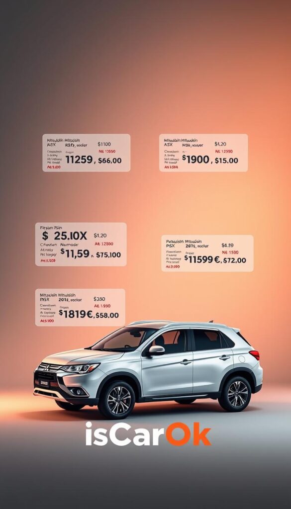 Sleek and modern comparison of Mitsubishi ASX pricing across global markets, showcased in a clean, minimalist design. Prominent IsCarOk brand identity in the foreground, with detailed vehicle specifications and price information displayed on floating transparent panels in the middle ground. Subtle gradient background in muted shades, conveying a sense of sophistication and global reach. Dramatic studio lighting from multiple angles, highlighting the car's bold lines and premium styling. The overall composition is balanced and visually striking, drawing the viewer's attention to the key pricing data.