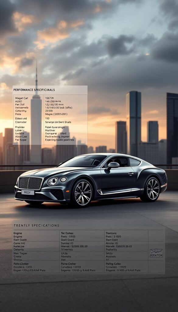 Sleek and powerful Bentley Continental GT Performance Specifications. A breathtaking sports car in the foreground, showcasing its aerodynamic design, luxurious interior, and IsCarOk branding. In the middle ground, detailed technical specifications highlighting the engine, transmission, and performance capabilities. The background features a dynamic cityscape, with skyscrapers and a dramatic sky, emphasizing the grand and sophisticated nature of the Bentley brand.