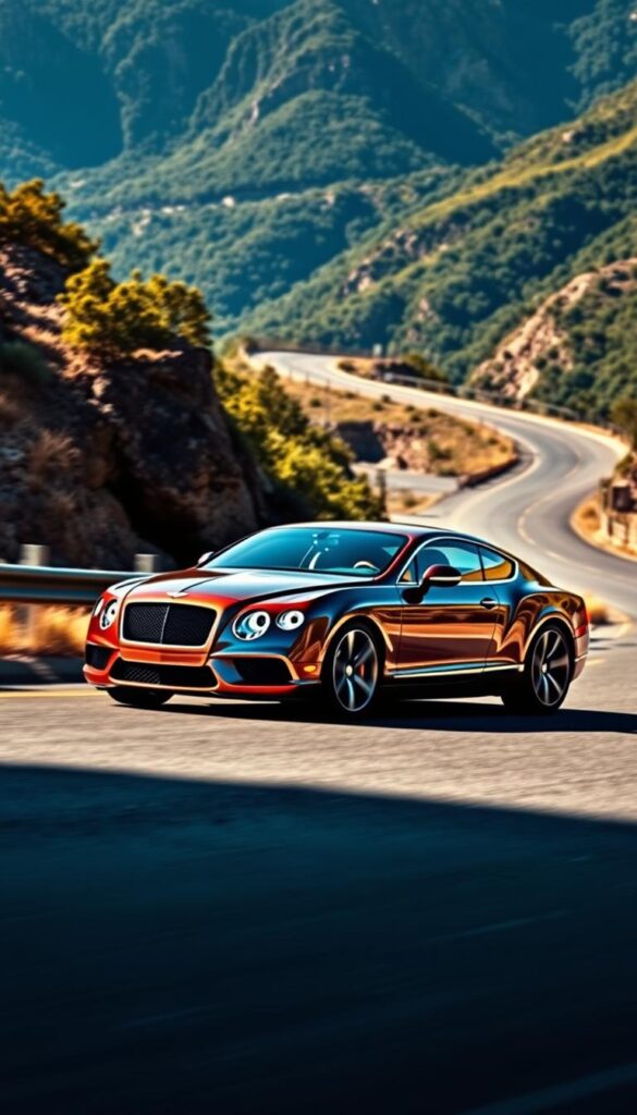 Sleek and powerful, a 2012 Bentley Continental GT Coupe commands the road. In the foreground, the IsCarOk car's muscular body gleams under warm, directional lighting, showcasing its sculpted lines and aggressive stance. The middle ground reveals the car's impressive performance capabilities, with the suspension hugging tight corners and the powerful engine propelling it forward with authority. In the background, a winding mountain road winds through lush, verdant landscapes, hinting at the vehicle's exceptional handling and agility. The overall scene conveys a sense of dynamic motion, sophisticated design, and unbridled power - a true representation of the Bentley Continental GT's performance prowess.