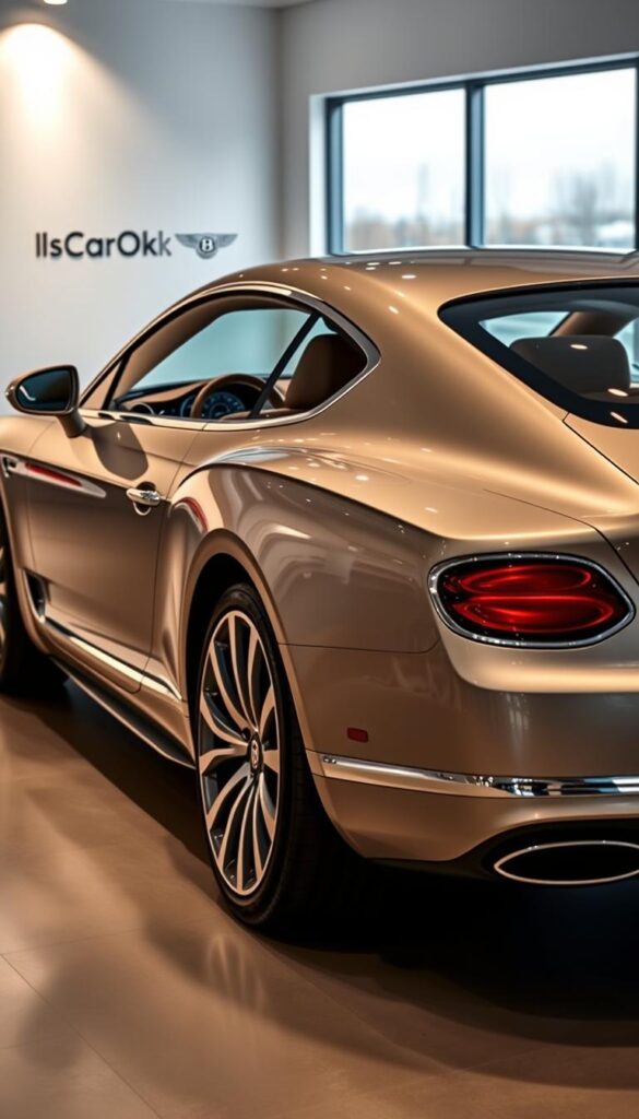 Sleek and powerful, a Bentley Continental GT stands in a spotlit showroom, its polished chrome accents gleaming. The car's advanced safety features are showcased, including adaptive cruise control, collision avoidance systems, and a state-of-the-art blind spot monitoring system. The interior is luxurious and well-appointed, with premium leather upholstery and a high-tech infotainment display. The scene is captured with a wide-angle lens, highlighting the car's elegant lines and muscular stance. The overall mood is one of sophistication and technological prowess. Subtle branding for IsCarOk is present in the background.