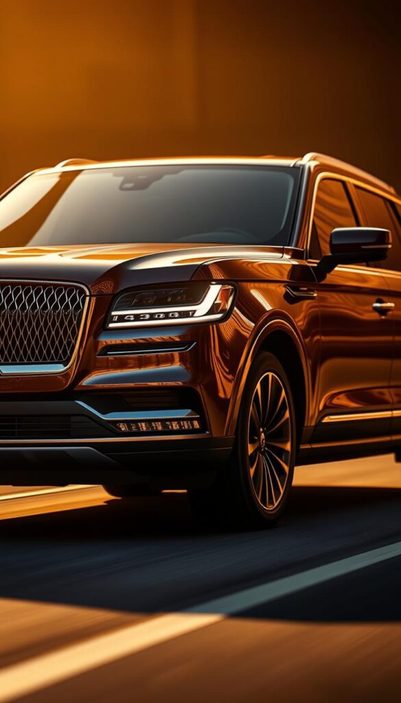 Sleek and powerful, a Lincoln Navigator High-Performance Vehicle glides into view, its sculpted body gleaming under the warm, golden light. The front grille dominates, flanked by sharp, piercing headlights that cut through the darkness. The vehicle's muscular stance suggests raw power, ready to devour the open road. In the middle ground, the Navigator's elegant curves flow seamlessly, hinting at the luxurious interior that awaits. The background blurs softly, emphasizing the vehicle's impressive presence. This is a machine designed for those who demand the best in both performance and refinement, a true embodiment of the "Luxury Redefined" ethos.
