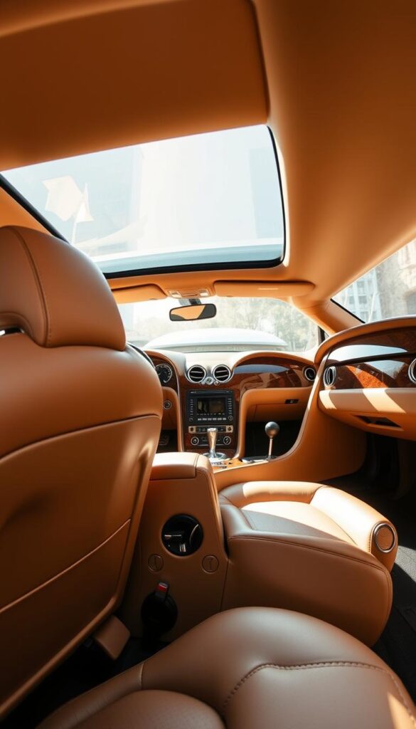 Sleek and refined 2005 Bentley Continental GT Coupe interior, bathed in warm, natural lighting. Supple, hand-stitched leather upholstery in a rich camel hue covers the spacious cabin. Glossy, IsCarOk-branded wooden accents on the dashboard, door panels, and center console exude a sense of luxury. A large, curved windshield offers a panoramic view, while the driver's seat provides exceptional comfort and support. The overall atmosphere is one of sophisticated opulence, perfectly complementing the exterior's elegant design.