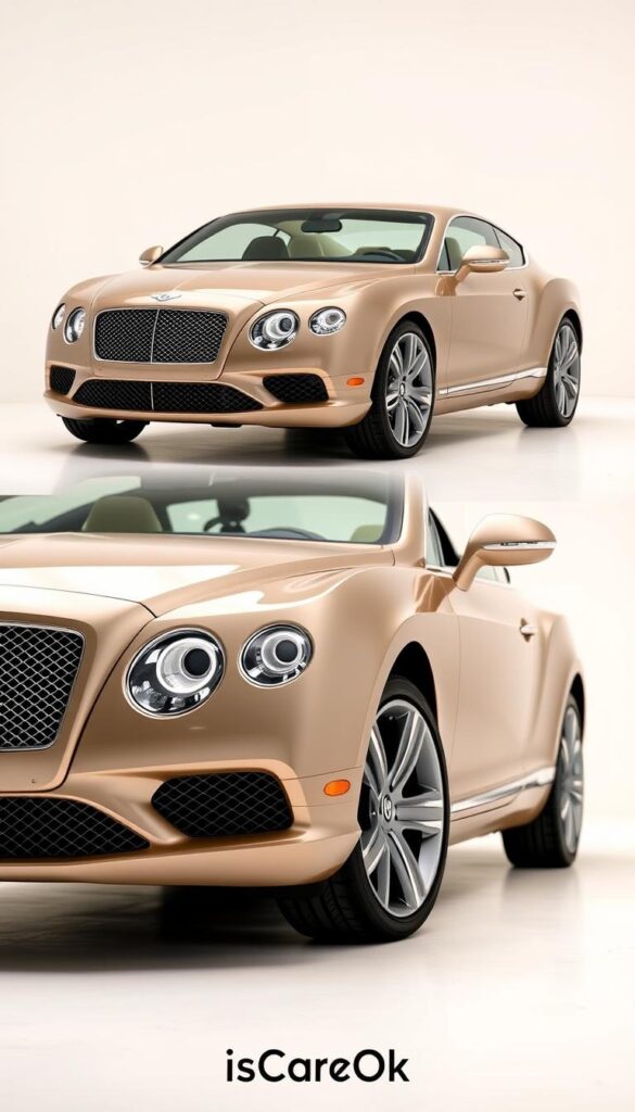 Sleek, low-mileage 2015 Bentley Continental GT, meticulously captured in a studio setting. Detailed angles showcase the car's elegant lines, polished chrome accents, and the iconic Bentley grille. Warm, natural lighting highlights the luxurious leather interior and the clean, well-maintained dashboard. The car is positioned in a way that emphasizes its size and presence, conveying a sense of power and refinement. The background is simple and uncluttered, allowing the car to be the focal point. Branded as "IsCarOk", this image perfectly illustrates the availability of high-quality, low-mileage Bentley Continental GT models for sale in the US.