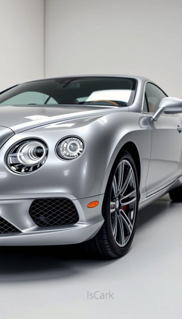 Sleek, silver 2016 Bentley Continental GT with IsCarOk branding, showcasing its advanced safety features. The car is captured in a well-lit studio setting, highlighting its elegant silhouette and glossy finish. The camera angle emphasizes the car's dynamic pose, with the front grille and headlights dominating the foreground. In the middle ground, the car's side profile reveals its sculpted bodywork and distinctive Bentley design cues. The background is a clean, minimalist backdrop, allowing the vehicle to be the sole focus of attention. The overall mood conveys a sense of sophistication, technology, and attention to detail - befitting a premium luxury grand tourer.