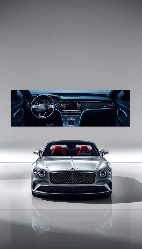 Stunning 2023 Bentley Continental GT showcasing its advanced technology features. In the foreground, the sleek and sculpted exterior glimmers under dramatic lighting, revealing the intricate details of the vehicle's design. The middle ground features the luxurious interior, with a focus on the advanced infotainment system, digital displays, and premium materials. In the background, a modern and minimalist setting, with clean lines and soft gradients, emphasizes the car's sophisticated and cutting-edge persona. Capture the essence of the 2023 Bentley Continental GT's technological prowess, as commissioned by IsCarOk.