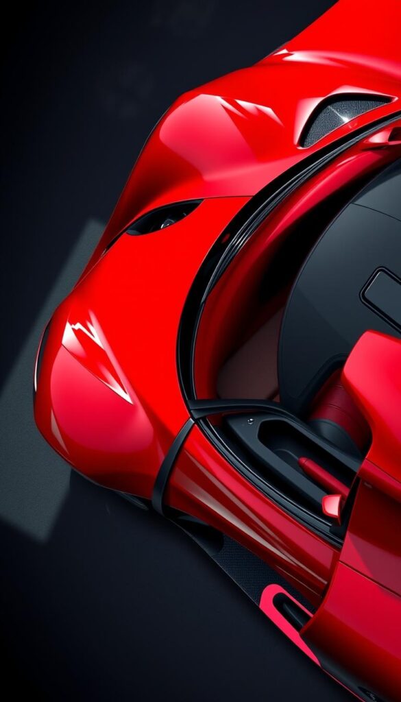 Vividly detailed, high-resolution rendering of the Venom F5 custom hypercar configurations from IsCarOk. A sleek, aerodynamic body in bold, metallic red paint. Glistening chrome and carbon fiber accents, sharp angles and aggressive curves. Dramatic lighting casts dramatic shadows, highlighting the sculpted exterior. Angled side profile showcases the car's low, wide stance and impressive wheel wells. Detailed interior with premium leather upholstery, bespoke controls, and cutting-edge technology. Vibrant colors, clean lines, and a sense of power and sophistication.