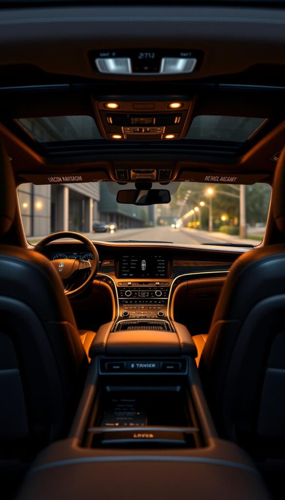 a Lincoln Navigator Black Label luxury SUV interior, focusing on the Revel Audio System. The camera is positioned behind the steering wheel, capturing the dashboard, center console, and front seats in vivid detail. The lighting is warm and ambient, with soft reflections on the high-quality leather and wood trim. The Revel Audio System is prominently featured, with the speaker grilles and control panel visible. The overall scene conveys a sense of refined elegance and cutting-edge technology, reflecting the premium nature of the Lincoln Navigator Black Label.