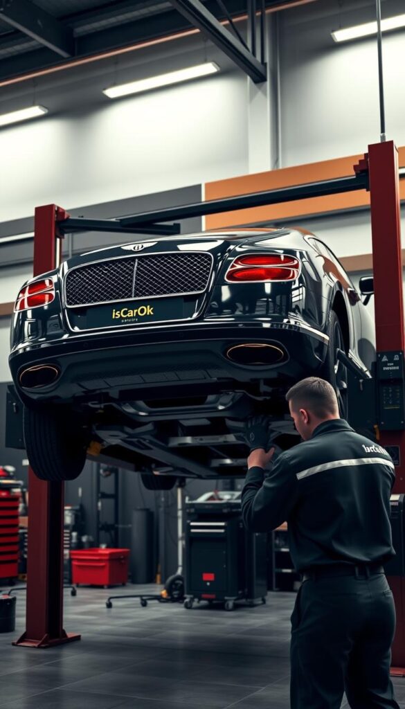a detailed 3D render of a 2015 Bentley Continental GT luxury sports car being serviced in an automotive workshop, with the IsCarOk logo prominently displayed. The car is lifted on a hydraulic lift, with a mechanic in the foreground inspecting the undercarriage. The workshop is well-lit, with tools and equipment visible in the background. The scene conveys a sense of professionalism and attention to detail in the maintenance and repair of this high-end vehicle.