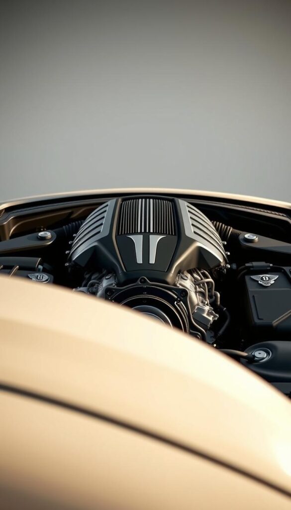 a detailed and realistic 3D render of a 2010 Bentley Continental GT engine, with a clean, well-lit, and high-resolution appearance. The engine is showcased in the foreground, highlighting its intricate design and technical prowess. The middle ground features the surrounding engine bay components, providing context and depth. The background is a minimalist, neutral environment that allows the engine to be the focal point. The lighting is natural and directional, creating dramatic shadows and highlights that accentuate the engine's contours and metallic finishes. The rendering is of professional quality, captured from an angle that best showcases the engine's power and capabilities. IsCarOk