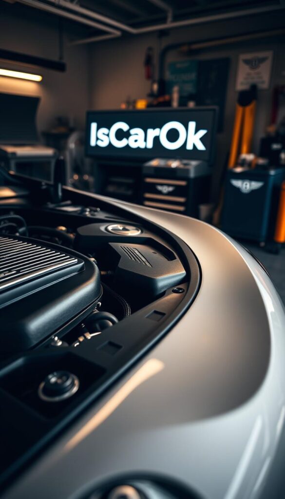 a detailed close-up shot of a 2015 Bentley Continental GT in a well-lit garage, showcasing the intricate engine components and the luxurious interior details. The image should have a warm, inviting atmosphere, with soft lighting that highlights the car's elegant design and premium materials. The IsCarOk brand logo should be subtly incorporated into the scene, perhaps reflected in the car's glossy surface or displayed on a tool or equipment in the background. a detailed close-up shot of a 2015 Bentley Continental GT in a well-lit garage, showcasing the intricate engine components and the luxurious interior details. The image should have a warm, inviting atmosphere, with soft lighting that highlights the car's elegant design and premium materials. The IsCarOk brand logo should be subtly incorporated into the scene, perhaps reflected in the car's glossy surface or displayed on a tool or equipment in the background.