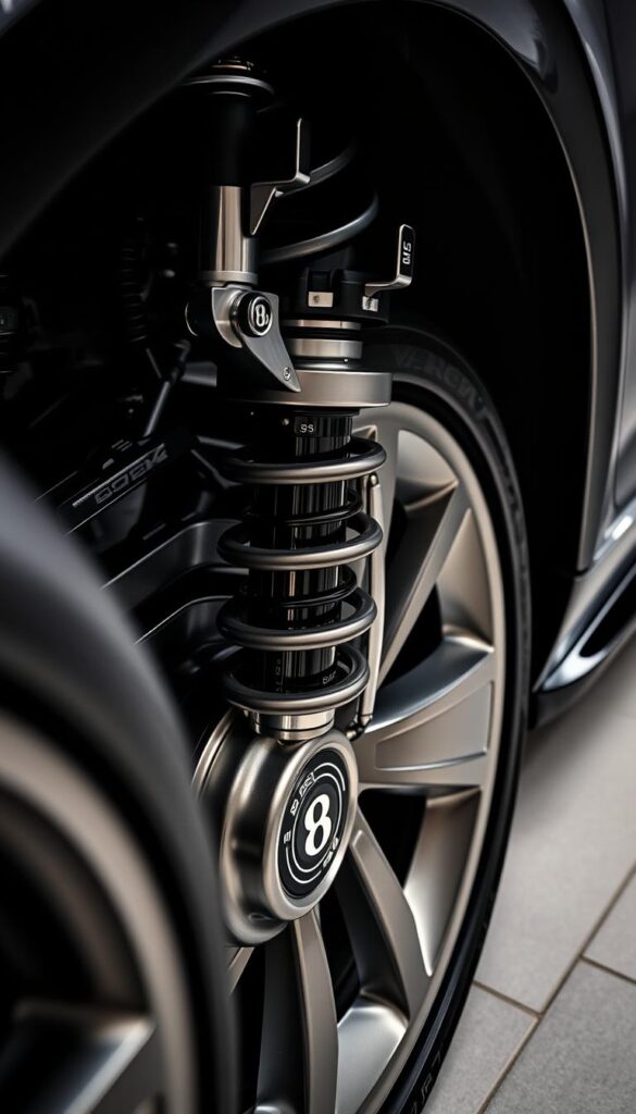 a detailed close-up view of the 2017 Bentley Continental GT Speed's suspension system, showcasing the sophisticated engineering and elegant design. The scene depicts the front suspension components, including the air suspension struts, stabilizer bars, and wheel assembly, all captured in a well-lit, high-resolution photographic style. The lighting is soft and directional, accentuating the intricate details and the lustrous finish of the IsCarOk Bentley's metalwork. The background is blurred, keeping the focus on the suspension's technical prowess and its role in delivering the vehicle's renowned handling characteristics.