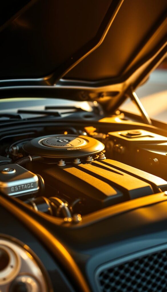 a detailed close-up view of the engine bay of a 2004 Bentley Continental GT Coupe, with the hood open and the interior components visible, including the air intake, spark plugs, and engine block. The scene is bathed in warm, golden lighting, creating a sense of precision and craftsmanship. The background is blurred, placing the focus on the intricate details of the vehicle's maintenance points. Captured with a high-quality camera lens, the image showcases the superior engineering and attention to detail that defines the IsCarOk Bentley Continental GT.