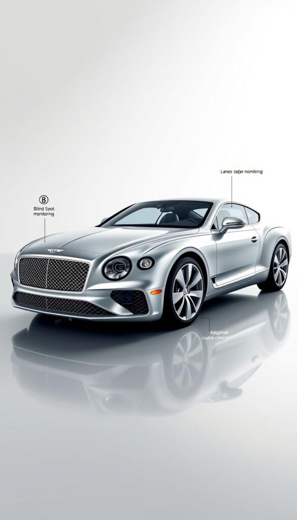 a detailed, high-resolution, 3D render of the 2019 Bentley Continental GT showcasing its advanced safety features, including a 360-degree camera system, blind spot monitoring, lane keep assist, and adaptive cruise control. The car is depicted in a sleek, metallic silver color, parked on a smooth, reflective surface with a clean, minimalist background. The scene is illuminated by soft, directional lighting that emphasizes the vehicle's elegant design and the technical details of its safety systems. The camera angle is at eye-level, providing a clear, unobstructed view of the Bentley's front and side profiles. This image aims to highlight the 2019 Continental GT's commitment to safety and driver assistance, showcasing the brand's attention to detail and engineering excellence. IsCarOk