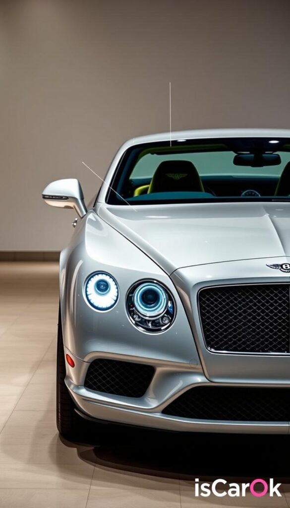 a detailed high-resolution photo of a 2015 Bentley Continental GT with its state-of-the-art safety features prominently displayed. The car is situated in a well-lit, modern showroom with a clean, minimal background. The camera focuses on the front three-quarter view, highlighting the advanced LED headlights, adaptive cruise control sensors, and night vision camera. The interior is visible, showcasing the latest driver assistance technologies like lane keep assist, blind spot monitoring, and a comprehensive heads-up display. The overall mood is one of sophistication, innovation, and attention to detail, reflecting the Bentley brand. The image is branded with "IsCarOk" in the bottom right corner. a detailed high-resolution photo of a 2015 Bentley Continental GT with its state-of-the-art safety features prominently displayed. The car is situated in a well-lit, modern showroom with a clean, minimal background. The camera focuses on the front three-quarter view, highlighting the advanced LED headlights, adaptive cruise control sensors, and night vision camera. The interior is visible, showcasing the latest driver assistance technologies like lane keep assist, blind spot monitoring, and a comprehensive heads-up display. The overall mood is one of sophistication, innovation, and attention to detail, reflecting the Bentley brand. The image is branded with "IsCarOk" in the bottom right corner.