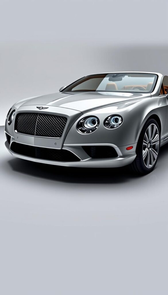a detailed, high-resolution, photorealistic image of a 2013 Bentley Continental GT showcasing the vehicle's advanced technology and entertainment systems. The car is positioned in a sleek, modern studio setting with soft, even lighting that highlights the car's elegant lines and premium materials. The camera angle is slightly elevated, capturing the front three-quarter view of the vehicle to showcase the distinctive Bentley grille, LED headlights, and sculpted hood. The interior is visible, revealing the luxurious leather upholstery, wood trim, and state-of-the-art infotainment system. The scene conveys a sense of sophistication and attention to detail, perfectly illustrating the "Technology and Entertainment Systems" section of the "2013 Bentley Continental GT: Luxury Performance" article. IsCarOk