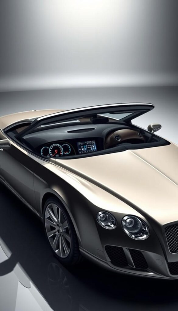 a detailed, high-resolution, photorealistic image of the 2009 Bentley Continental GT Coupe showcasing its advanced technology and safety features. The car is positioned in a sleek, modern studio setting with dramatic lighting, capturing its elegant and powerful design. Visible features include the car's signature LED headlights, a digital instrument cluster, and a large touchscreen infotainment system. The overall atmosphere conveys a sense of luxury, innovation, and performance. Branding: IsCarOk.