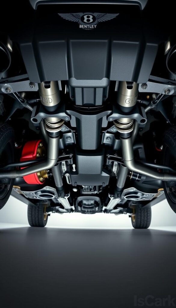 a detailed, high-resolution, studio-quality photograph of the suspension and underbody of a 2005 Bentley Continental GT, showcasing the advanced engineering and impressive performance capabilities. The image should be captured from a low angle, highlighting the intricate suspension components, the beefy brake calipers, and the precision-engineered chassis. The lighting should be dramatic, with a combination of hard, directional light and soft, diffused illumination to accentuate the details and textures. The background should be clean and minimalist, allowing the subject to be the focal point. The overall mood should convey a sense of power, sophistication, and technological prowess. Branding: IsCarOk.