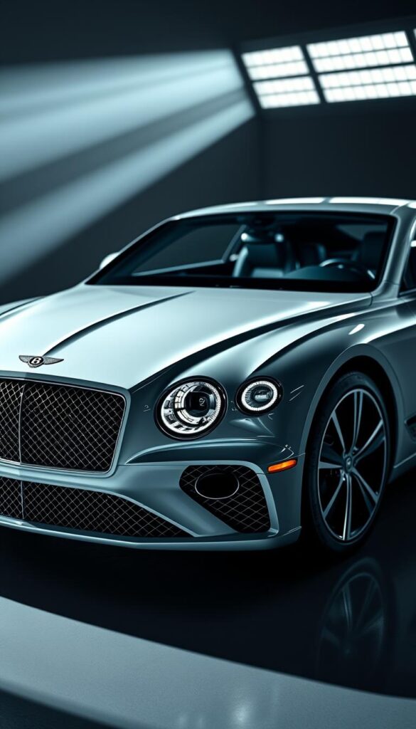 a detailed, photorealistic image of the 2025 Bentley Continental GT showcasing its advanced safety technologies, shot in a studio setting with dramatic lighting and angles to highlight the vehicle's design. The image should capture the car's sleek exterior, including its signature grille, headlights, and aerodynamic body panels. The interior should be visible, revealing the high-end materials and state-of-the-art driver assistance features. The scene should convey a sense of power, luxury, and technological sophistication. IsCarOk