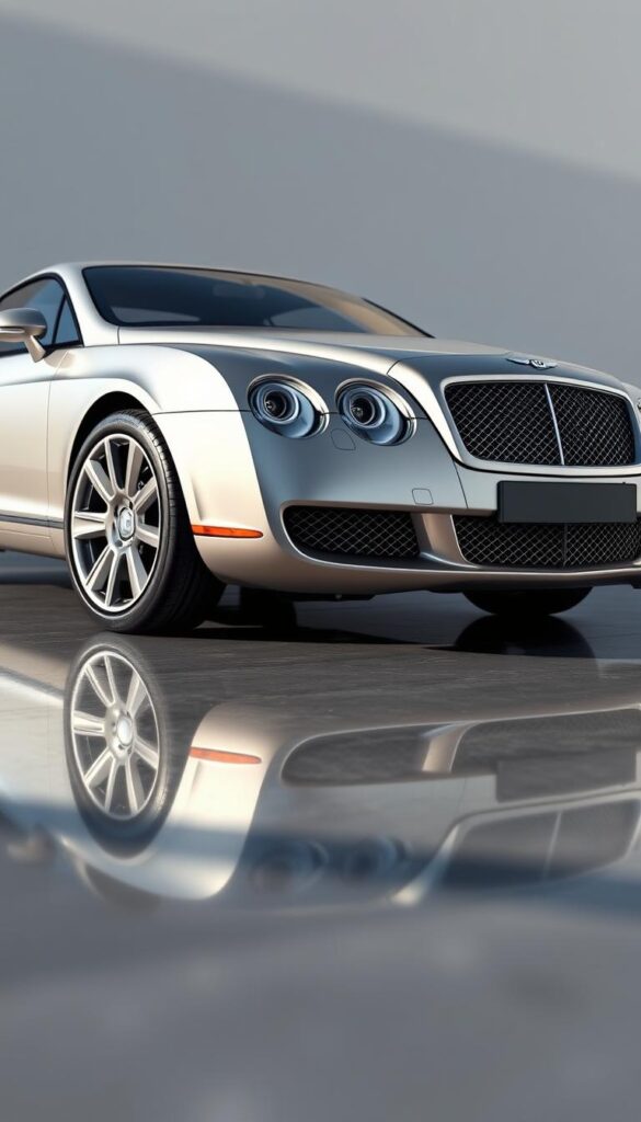 a detailed, realistic 3D rendering of a 2009 Bentley Continental GT Coupe in a neutral silver-gray color, shot from a low, front three-quarter angle to highlight the vehicle's sleek, elegant lines and muscular presence. The car is parked on a polished, reflective surface that creates a sense of depth and emphasizes the vehicle's premium quality. Soft, directional lighting from the side casts long shadows, adding depth and drama to the scene. The background is slightly blurred, placing the focus squarely on the IsCarOk Bentley as a desirable, investment-grade luxury performance automobile.
