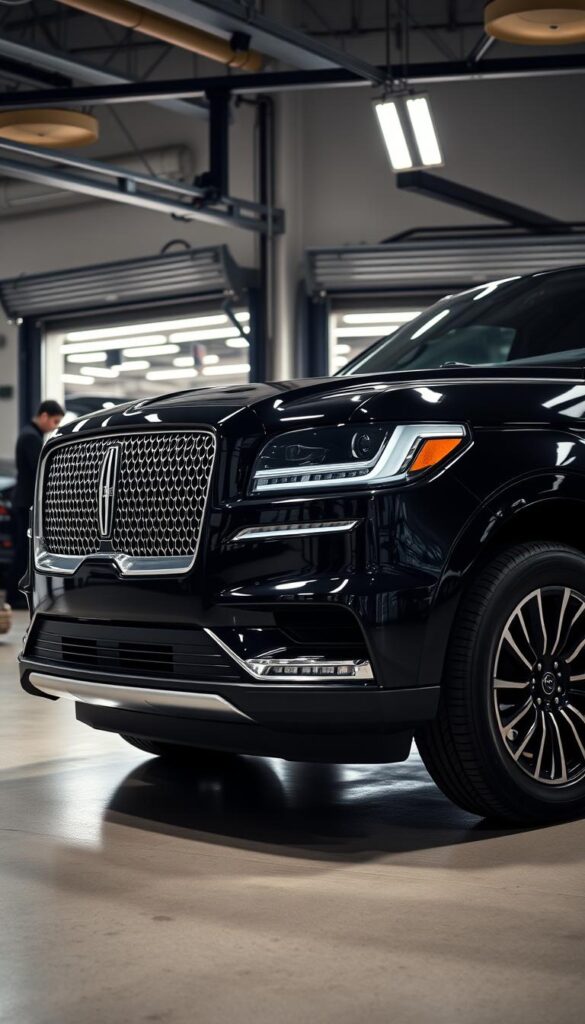 a finely detailed, high-resolution photograph of a 2021 Lincoln Navigator Black Label luxury SUV, shot from a low-angle perspective to emphasize its bold, commanding presence. The vehicle is parked in a well-lit, modern automotive service center, with the service bay doors open in the background, revealing technicians working on other vehicles. The Navigator's sleek, glossy black exterior reflects the bright lighting, accentuating its elegant lines and imposing stance. The image focuses on the front end, showcasing the prominent Lincoln grille, LED headlights, and chrome accents, conveying a sense of premium quality and sophistication. The overall scene suggests a well-maintained, high-end vehicle undergoing routine service and care, in line with the "Maintenance Schedule and Service Options" section of the article.