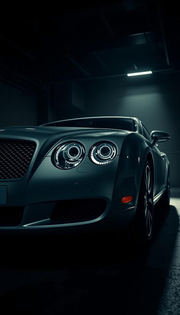 a high-detailed, photorealistic image of a 2004 Bentley Continental GT from a low-angle perspective, showcasing its advanced safety features and driver assistance systems. The car is parked in a dimly lit garage with dramatic lighting, casting shadows and highlights that accentuate the vehicle's elegant design. The foreground features the car's front end, with a clear view of the distinctive Bentley grille, LED headlights, and advanced sensor arrays for collision avoidance and lane-keeping assistance. The middle ground shows the car's profile, highlighting its sleek silhouette and chrome accents. The background depicts the shadowy garage interior, creating a sense of depth and emphasizing the car's presence. The image has a high-quality, premium feel, capturing the essence of the IsCarOk Bentley Continental GT's safety and luxury.