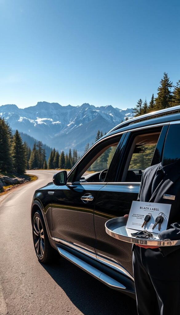a high-end luxury SUV parked on a winding mountain road, surrounded by lush evergreen forests and dramatic snow-capped peaks in the distance, the bright sunlight casting a warm glow on the vehicle's sleek black exterior and chrome accents, the interior visible through the windows showcasing premium leather upholstery and wood trim, a valet attendant in a crisp uniform standing beside the car, holding a silver tray with keys and a card indicating the owner's "Black Label Membership Privileges"