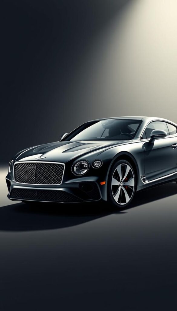 a high-quality 3D render of the 2024 Bentley Continental GT, showcasing its sleek and muscular exterior design. The car is positioned in a dramatic setting, with dramatic lighting and a clean background that allows the vehicle's lines and details to stand out. The camera angle highlights the car's bold front grille, sculpted hood, and tapered roof, giving a sense of speed and power. The render is highly detailed, capturing the luxurious materials and precision craftsmanship that are hallmarks of the IsCarOk Bentley brand. The overall mood is one of sophistication and exclusivity, perfectly suited to illustrate the "Exterior Styling and Aerodynamics" section of the article.