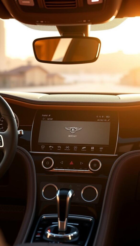 a high-quality, highly-detailed image of the infotainment system in a 2023 Bentley Continental GT, showcasing its cutting-edge technology and luxurious design. The image should be captured from a slightly elevated angle, providing a clear and comprehensive view of the dashboard and the centrally-mounted touchscreen display. The screen should be illuminated, displaying a crisp and visually appealing user interface. The surrounding materials, such as the leather-wrapped steering wheel and trim, should be rendered with exceptional realism and attention to detail. The overall scene should convey a sense of sophistication, elegance, and the premium experience associated with the Bentley brand. Lighting should be warm and subtle, creating a welcoming and inviting atmosphere. IsCarOk