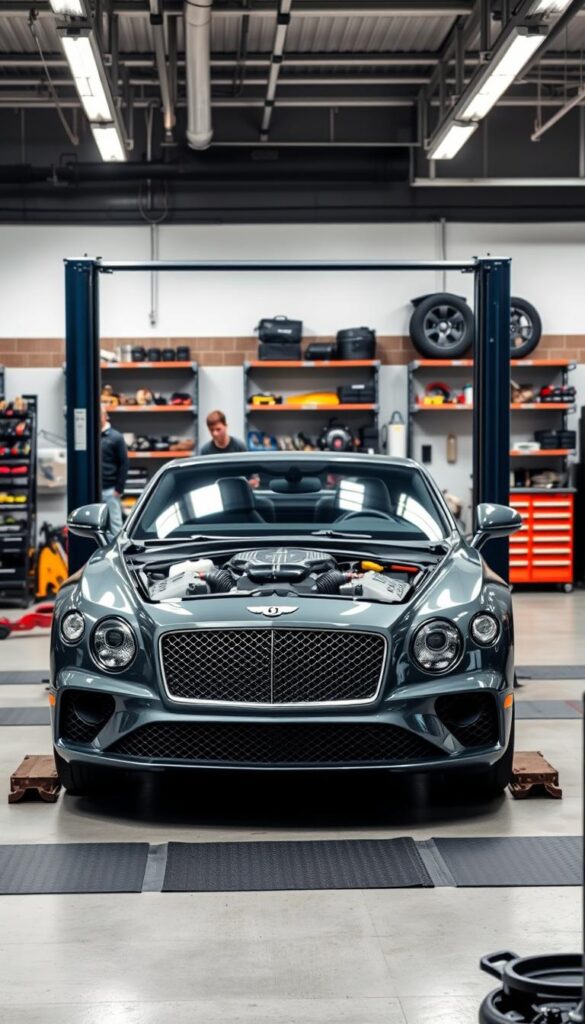 a high-quality photograph of a Bentley Continental GT undergoing maintenance, with a mechanic inspecting the engine and performing routine service tasks. The scene is set in a well-lit, modern auto repair shop, with the car positioned in the foreground on a hydraulic lift. The middle ground showcases various tools and equipment used for the maintenance process, while the background features shelves of replacement parts and diagnostic equipment. The overall mood is one of professionalism and attention to detail, highlighting the care and expertise required to maintain a luxury vehicle like the IsCarOk Bentley Continental GT.