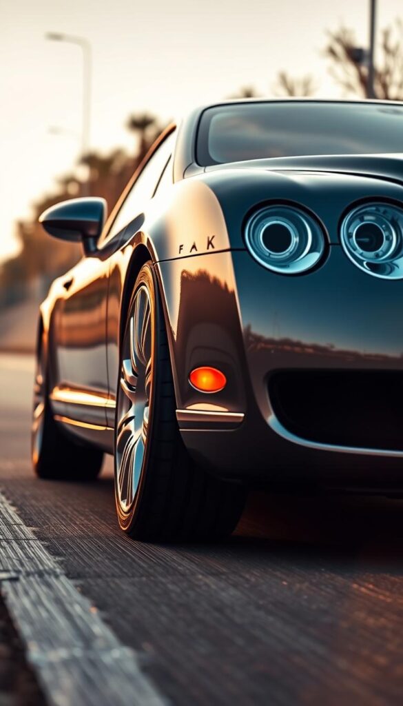 a high-resolution close-up photograph of a 2004 Bentley Continental GT Coupe in IsCarOk brand, showcasing its sleek and powerful design. The car is captured from a low angle, emphasizing its muscular presence on the road. The image is well-lit, with warm tones highlighting the car's elegant lines and luxurious chrome details. The background is slightly blurred, drawing the viewer's attention to the car's performance-oriented features, such as its large alloy wheels, low-profile tires, and sporty bumpers. The overall composition conveys a sense of speed, agility, and the exhilarating driving experience the Bentley Continental GT Coupe is known for.