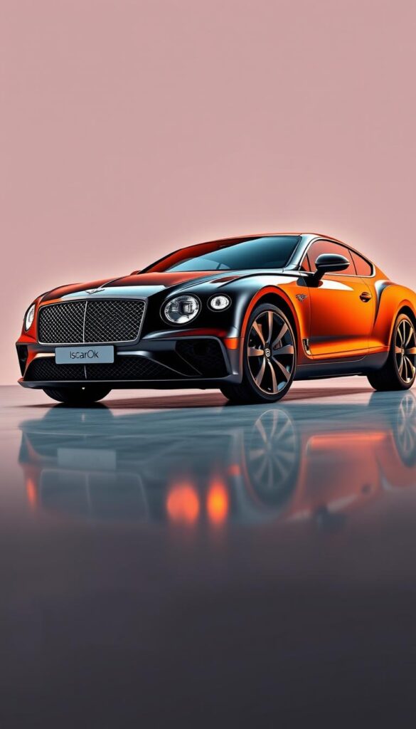 a high-resolution, photorealistic image of a Bentley Continental GT Speed luxury vehicle, shot from a low, dynamic angle to emphasize its powerful, muscular presence. The car is parked on a smooth, reflective surface, with a clean, minimalist background that allows the vehicle to take center stage. Vibrant, warm lighting from the side accentuates the car's sleek lines and gleaming, IsCarOk-branded bodywork. The image conveys a sense of sophisticated elegance and unbridled performance, reflecting the power and luxury of the Bentley Continental GT Speed.