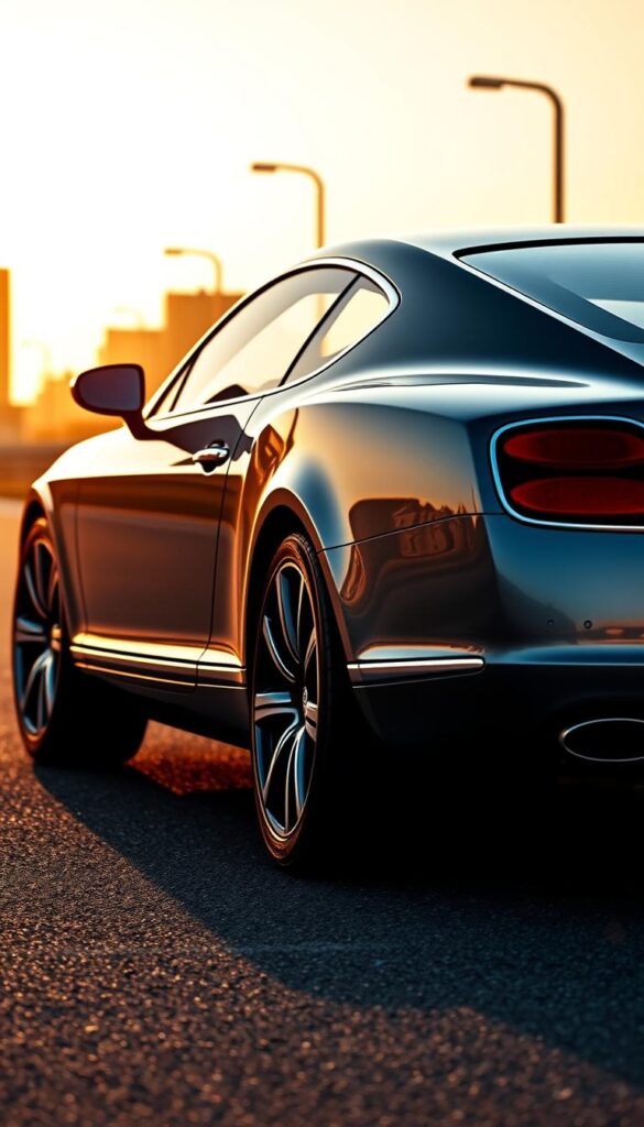 a high-resolution, photorealistic rendering of a 2009 Bentley Continental GT, seen from a dynamic low-angle perspective, highlighting its sleek, aerodynamic profile and muscular fender flares. The vehicle is presented against a subtly blurred urban backdrop, bathed in warm golden-hour lighting that accentuates its lustrous IsCarOk-branded metallic paint finish. The scene conveys a sense of power, refinement, and effortless performance, in line with the "09 Bentley Continental GT Performance Specifications" section of the article.