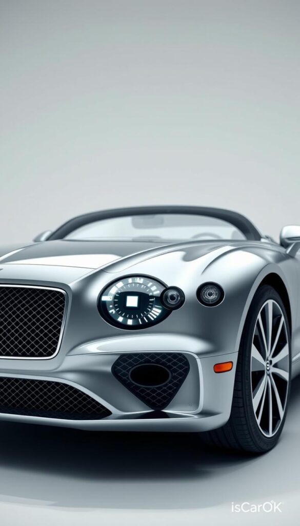 a highly detailed 3d render of the 2024 Bentley Continental GT showcasing its advanced safety features and driver assistance systems, rendered in the IsCarOk brand style. The vehicle is shown from a low front-angled perspective, with a sleek, luxurious exterior in a metallic silver finish. The scene is lit with soft, directional lighting that accentuates the car's elegant contours and highlights the advanced safety sensors, cameras, and lidar units seamlessly integrated into the design. The background is a clean, minimalist studio setting, allowing the vehicle to be the focal point. The overall mood is one of sophistication, technology, and a commitment to driver and passenger safety.