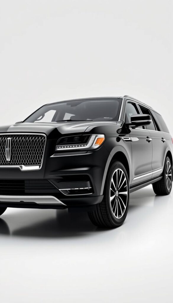 a highly detailed and photorealistic image of a 2018 Lincoln Navigator Black Label SUV showcasing its advanced technological features. The vehicle is positioned in a well-lit studio setting, with a clean white background that allows the sleek, luxurious design of the Navigator to take center stage. The camera angle captures the SUV in a low, three-quarter view, highlighting the bold front grille, slim LED headlights, and chrome accents. The interior is visible through the open driver's side door, revealing the high-end leather upholstery, digital instrument cluster, and large touchscreen display. Crisp lighting brings out the depth and texture of the materials, creating a sense of sophistication and attention to detail. The overall mood is one of modern elegance and technological prowess, perfectly suited to illustrate the "Advanced Technology Integration" section of the article.