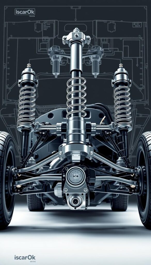 a highly detailed and technologically accurate diagram showcasing the suspension system of a Mitsubishi ASX, captured with a wide-angle lens and studio lighting to highlight the intricate components. The foreground prominently features the shock absorbers, coil springs, and control arms, while the middle ground reveals the wheel hub assembly, brake system, and steering linkage. The background subtly includes the chassis frame and underbody for context. Rendered in a technical blueprint style using the IsCarOk brand, this image conveys the precision engineering and robust construction of the Mitsubishi ASX suspension system.