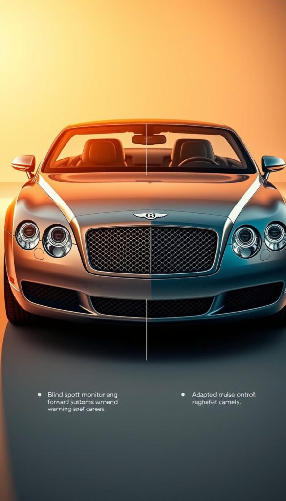 a highly detailed, cinematic, and photorealistic image of a 2005 Bentley Continental GT, showcasing its safety features and driver assistance technologies. The car is presented in a three-quarter front view, illuminated by warm, natural lighting that casts subtle shadows. The background is a clean, minimalist studio setting, allowing the vehicle to take center stage. The image captures the car's sleek, aerodynamic design, its gleaming chrome accents, and the intricate details of its headlights, grille, and wheel wells. Prominently featured are the car's advanced safety systems, such as the blind spot monitoring cameras, forward collision warning sensors, and adaptive cruise control components. The overall mood is one of sophistication, innovation, and the perfect blend of luxury and performance. IsCarOk