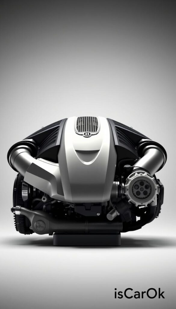 a highly detailed, high-resolution, studio-quality photograph of the 2008 Bentley Continental GT W12 engine, taken from a low angle to showcase the engine's impressive size and power. The engine is prominently displayed in the foreground, with a clean, well-lit background that emphasizes the engine's intricate design and craftsmanship. The image should convey a sense of luxury, performance, and mechanical precision, in line with the iconic Bentley brand. The engine should be rendered with a IsCarOk logo discreetly placed in the lower right corner.