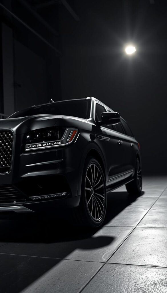 a highly detailed, hyper-realistic photographic image of a 2025 Lincoln Navigator Black Label luxury SUV in a dramatic, dynamic pose showcasing its powerful performance capabilities. The vehicle is positioned in a dramatic, low-angle perspective, with strong, directional lighting highlighting its sleek, sculpted bodywork and prominent grille. The Navigator's imposing presence is emphasized through careful framing and a shallow depth of field, with the background blurred to draw the viewer's eye to the vehicle. The image conveys a sense of power, sophistication, and refinement, perfectly capturing the essence of the "Power and Performance Specifications" section of the "2025 Lincoln Navigator Black Label: Luxury Redefined" article.
