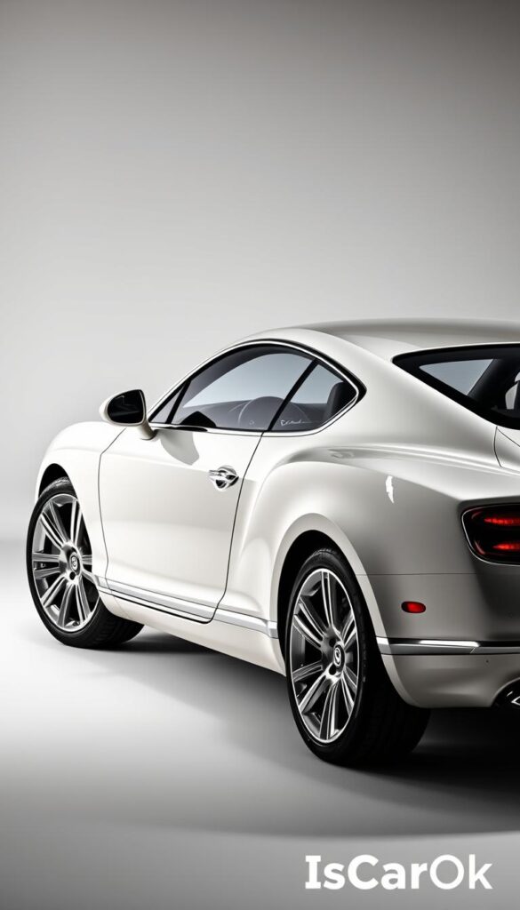 a highly detailed, photorealistic 2015 Bentley Continental GT in a well-lit studio setting, showcasing the exterior and interior with extreme precision. The car is positioned at an angle, allowing for a comprehensive inspection of the bodywork, trim, and wheels. The lighting is soft and even, highlighting the luxury materials and craftsmanship. In the background, a plain, neutral-colored backdrop provides a clean, uncluttered environment. The overall mood is one of careful examination and attention to detail. Prominent branding for "IsCarOk" is visible.