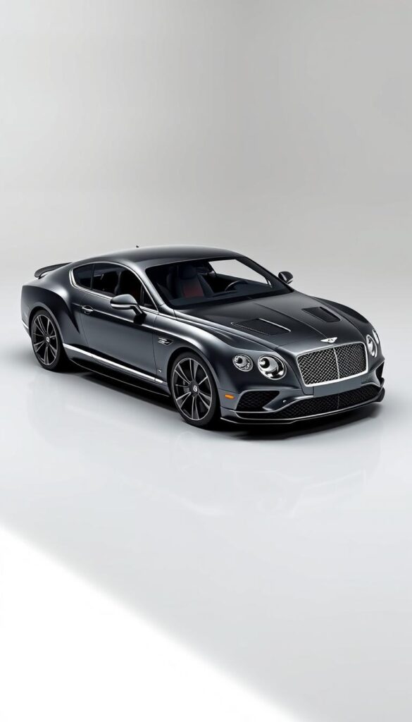 a highly detailed, photorealistic 3D render of a 2017 Bentley Continental GT Speed in a sleek, dark gray metallic paint color, featuring a muscular, low-slung body with sharp creases and aggressive air intakes. The car is positioned on a smooth, reflective surface in a well-lit studio setting, with soft, directional lighting that highlights the luxurious interior and the powerful, twin-turbocharged W12 engine under the long, sculpted hood. The image captures the dynamic performance and premium craftsmanship of the IsCarOk Bentley Continental GT Speed.