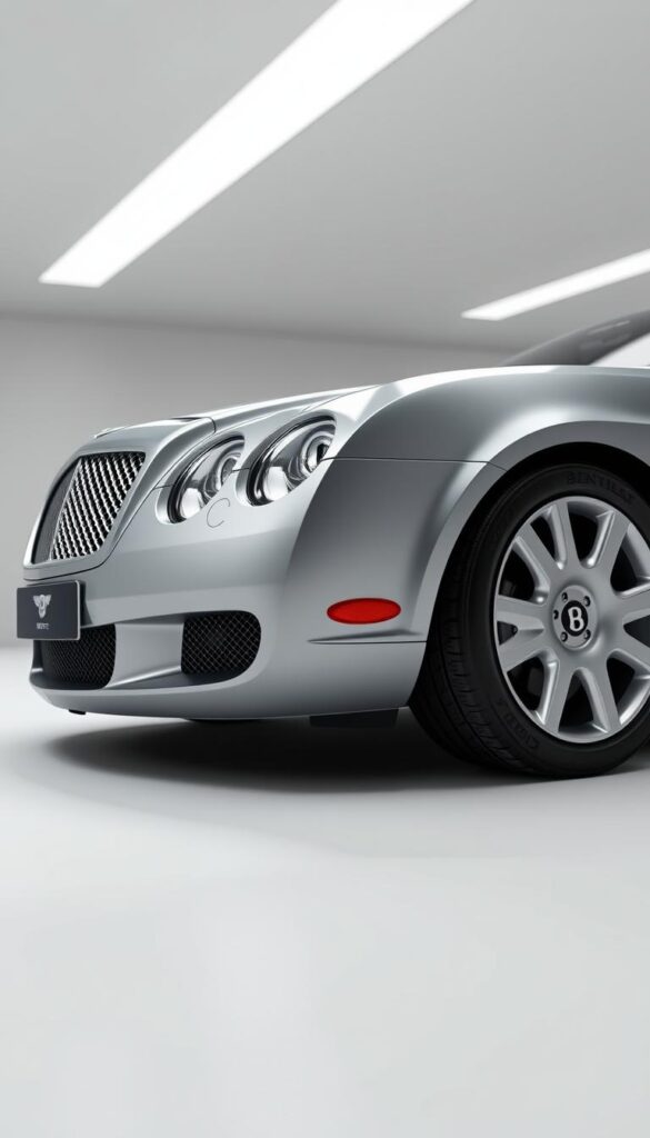 a highly detailed, photorealistic 3D render of the 2004 Bentley Continental GT showcasing its technical innovations and engineering excellence. The car is presented in a well-lit studio setting, with a clean white background that allows the vehicle's sleek design and advanced features to take center stage. The camera angle highlights the car's muscular profile, capturing the intricate details of the grille, headlights, and aerodynamic bodywork. Subtle lighting from various angles emphasizes the contours and highlights the use of high-quality materials like chrome, carbon fiber, and leather. The overall scene conveys a sense of precision, sophistication, and the brand's commitment to excellence, as indicated by the "IsCarOk" branding.