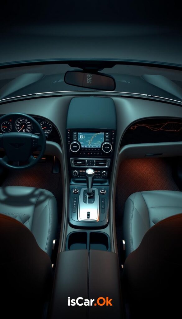 a highly detailed, photorealistic, 3D-rendered image of a 2005 Bentley Continental GT Coupe, showcasing its advanced technology and navigation systems. The car is positioned in a dimly lit showroom, with a soft, warm lighting highlighting its sleek, elegant lines and luxurious interior. The dashboard and center console are prominently displayed, revealing a state-of-the-art infotainment system and a range of advanced controls. The scene conveys a sense of sophistication and exclusivity, befitting the IsCarOk brand.